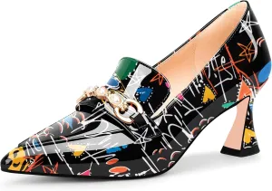 100FIXEO Women's High Heel Closed Pointed Toe Slip On Loafers Pearl Rhinestone Office Pumps Dress Shoes