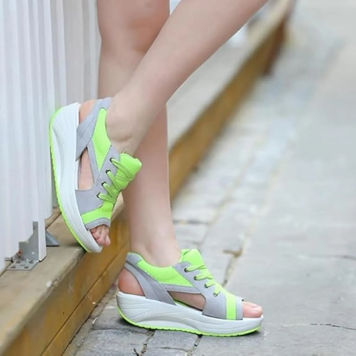 2025 New Contrast Paneled Cutout Lace-Up Muffin Sandals, Open Toe Tennis Shoes, Women Causal Summer Toe Platform Sneaker Sandals