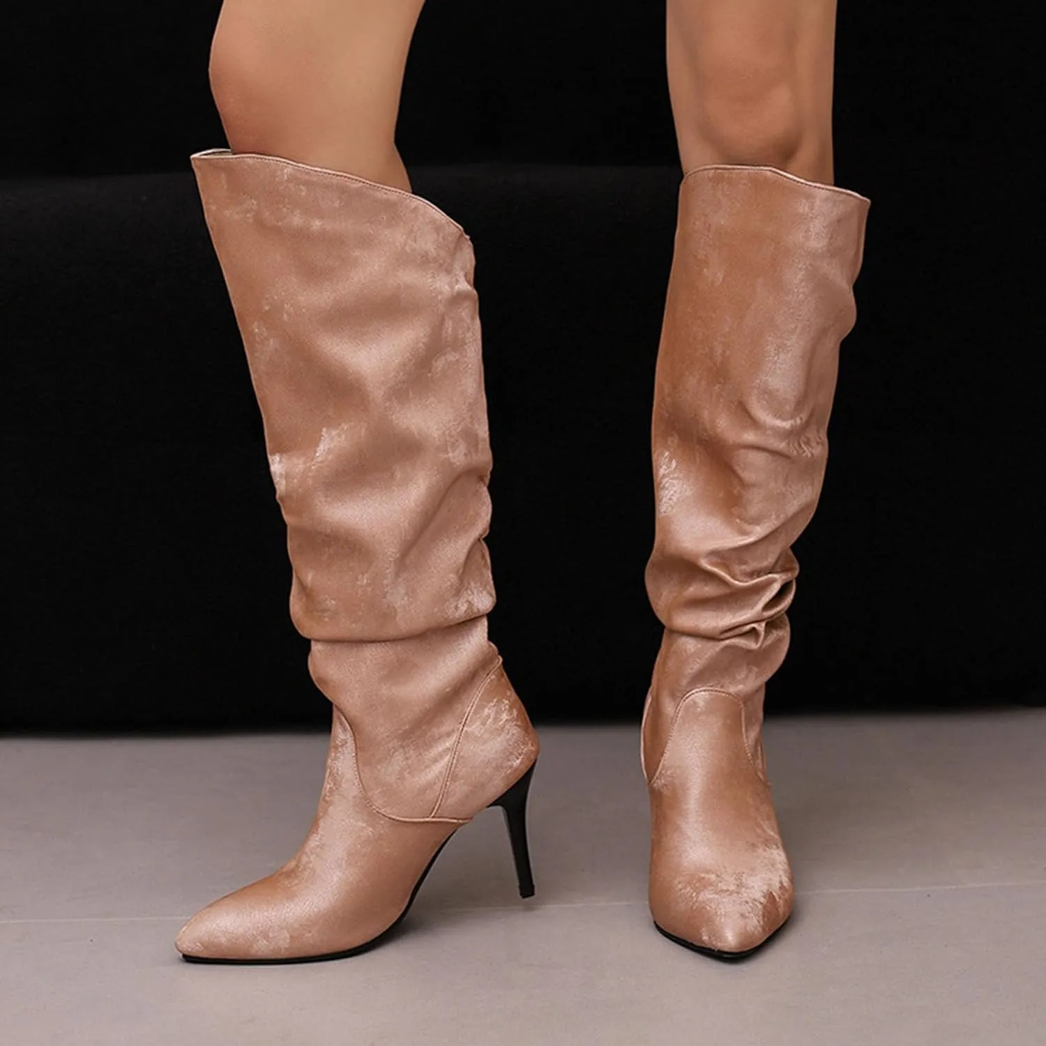 8cm Large Size Winter Satin Boots Elegant Stiletto Pleated High Boots Ladies Pointed High Heels