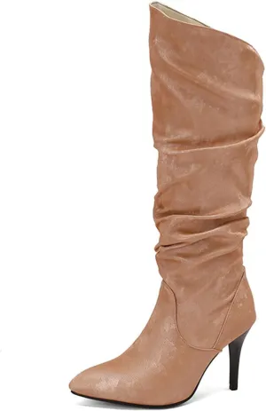 8cm Large Size Winter Satin Boots Elegant Stiletto Pleated High Boots Ladies Pointed High Heels