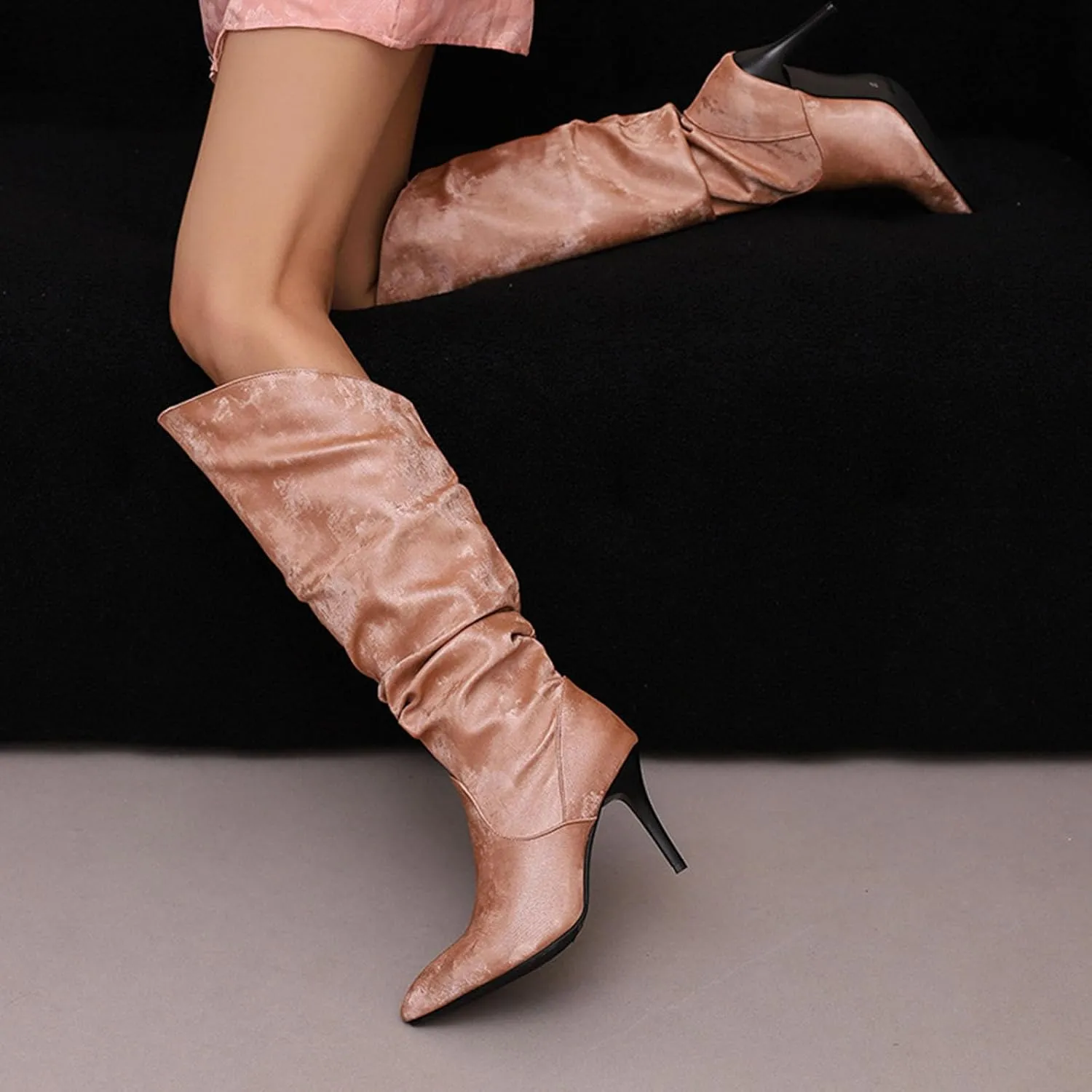 8cm Large Size Winter Satin Boots Elegant Stiletto Pleated High Boots Ladies Pointed High Heels