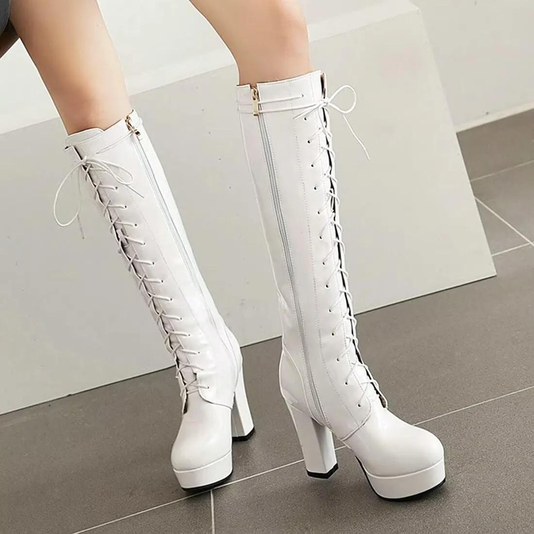 Agodor Women's Goth Knee High Platform Boots Lace up Gothic Chunky High Heel Combat Boots