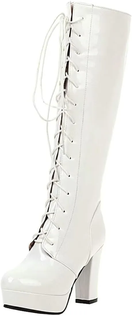 Agodor Women's Goth Knee High Platform Boots Lace up Gothic Chunky High Heel Combat Boots