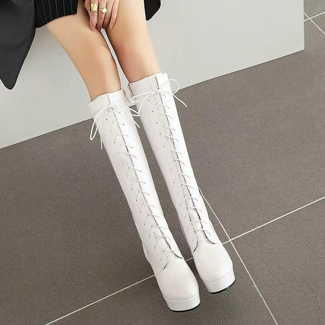 Agodor Women's Goth Knee High Platform Boots Lace up Gothic Chunky High Heel Combat Boots