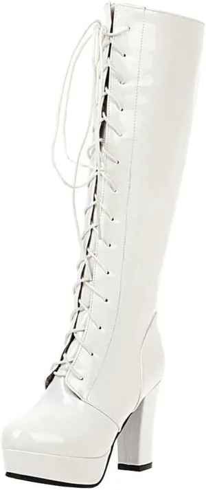 Agodor Women's Goth Knee High Platform Boots Lace up Gothic Chunky High Heel Combat Boots
