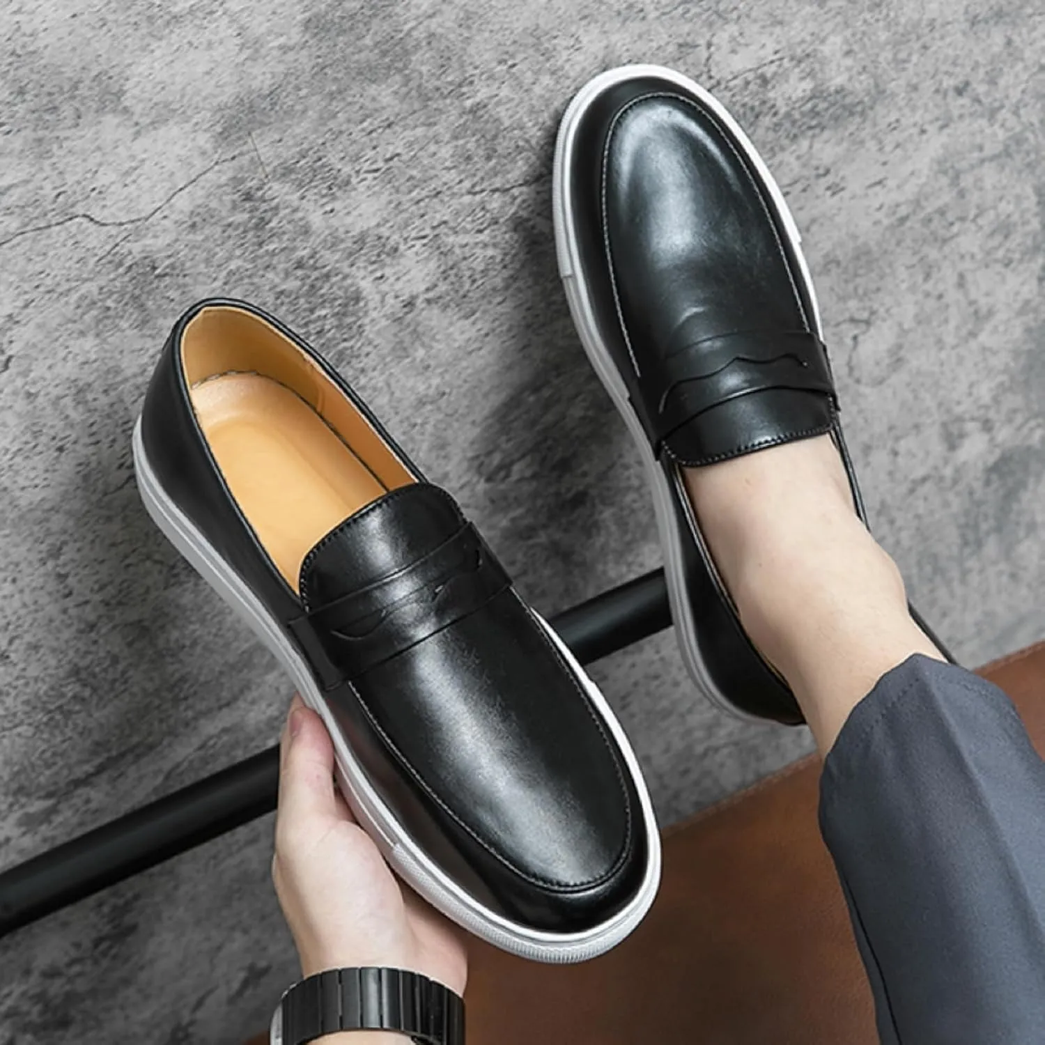 Aimery Mens Leather Platform Slip-on Casual Loafers Retro Round Toe Comfort Penny Loafers Tuxedo Walking Driving Moccasin Shoes