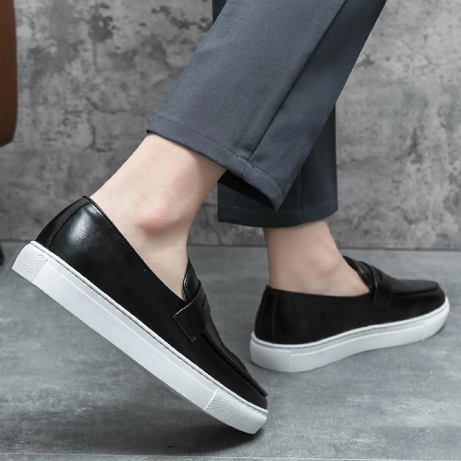 Aimery Mens Leather Platform Slip-on Casual Loafers Retro Round Toe Comfort Penny Loafers Tuxedo Walking Driving Moccasin Shoes