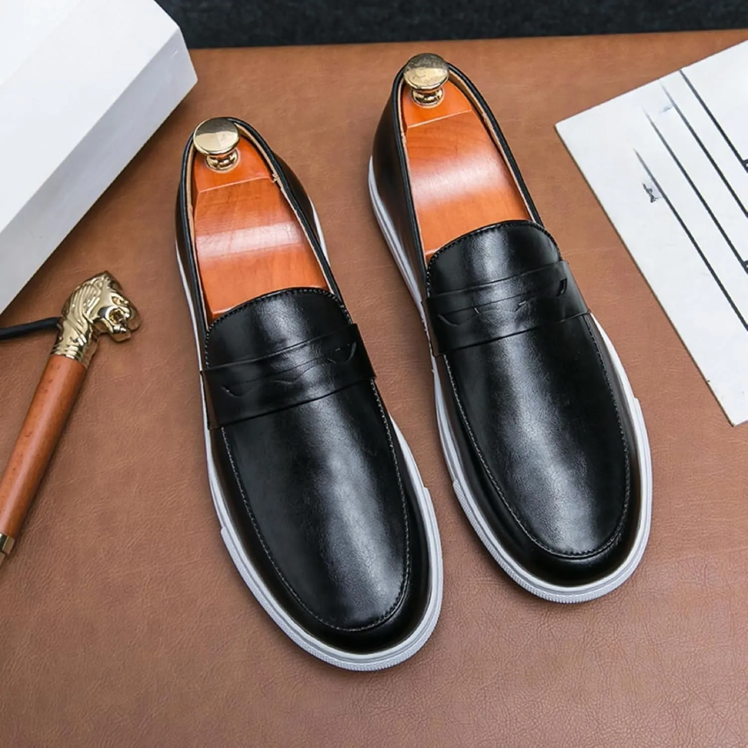 Aimery Mens Leather Platform Slip-on Casual Loafers Retro Round Toe Comfort Penny Loafers Tuxedo Walking Driving Moccasin Shoes