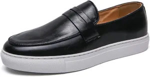 Aimery Mens Leather Platform Slip-on Casual Loafers Retro Round Toe Comfort Penny Loafers Tuxedo Walking Driving Moccasin Shoes