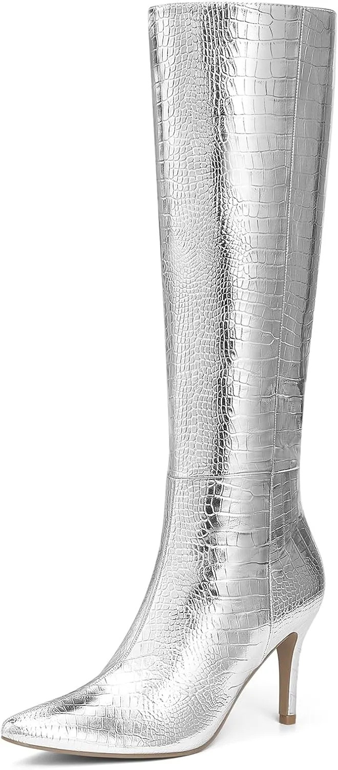 ALICEPUB Knee High Boots for Women Pointed Toe Tall Boots Long Heeled Boots Leather Boots Stiletto Heels Knee High Dress Boots with Side Zipper Sexy