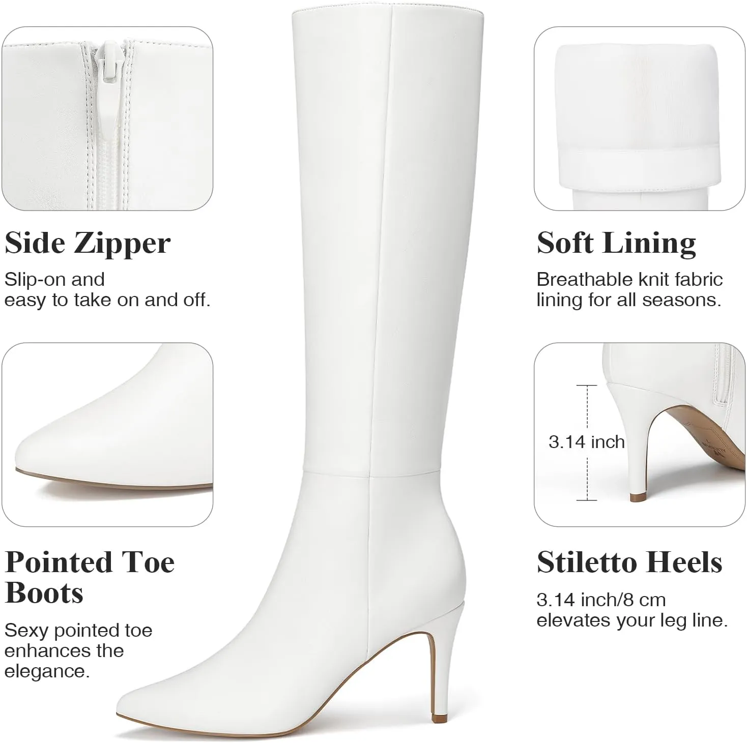 ALICEPUB Knee High Boots for Women Pointed Toe Tall Boots Long Heeled Boots Leather Boots Stiletto Heels Knee High Dress Boots with Side Zipper Sexy