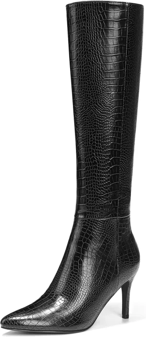 ALICEPUB Knee High Boots for Women Pointed Toe Tall Boots Long Heeled Boots Leather Boots Stiletto Heels Knee High Dress Boots with Side Zipper Sexy