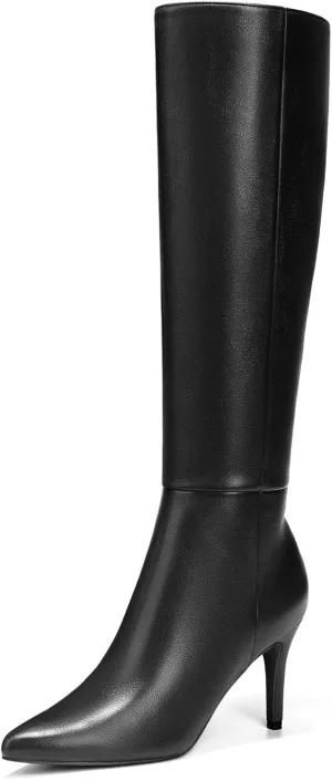 ALICEPUB Knee High Boots for Women Pointed Toe Tall Boots Long Heeled Boots Leather Boots Stiletto Heels Knee High Dress Boots with Side Zipper Sexy