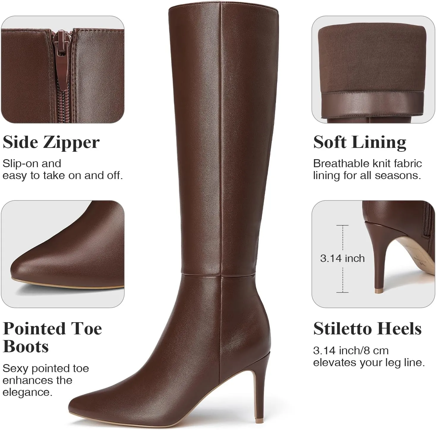 ALICEPUB Knee High Boots for Women Pointed Toe Tall Boots Long Heeled Boots Leather Boots Stiletto Heels Knee High Dress Boots with Side Zipper Sexy