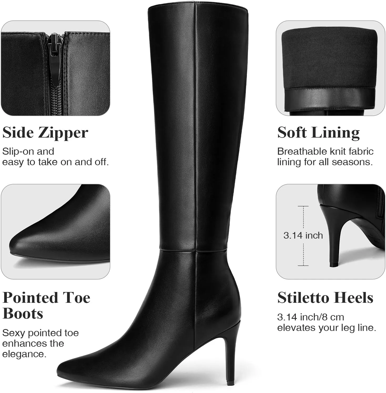 ALICEPUB Knee High Boots for Women Pointed Toe Tall Boots Long Heeled Boots Leather Boots Stiletto Heels Knee High Dress Boots with Side Zipper Sexy