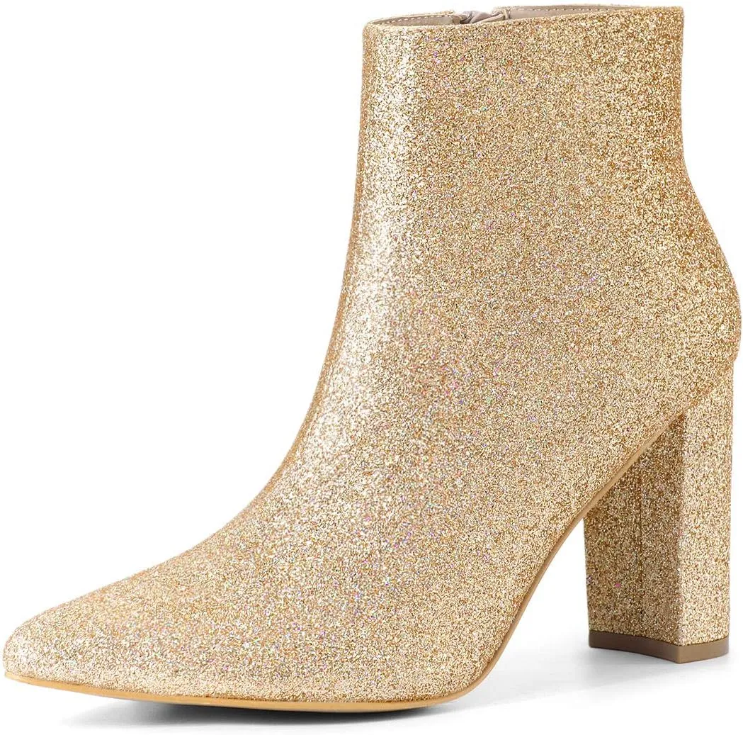 Allegra K Women's Glitter Pointed Toe Chunky Heel Ankle Boots