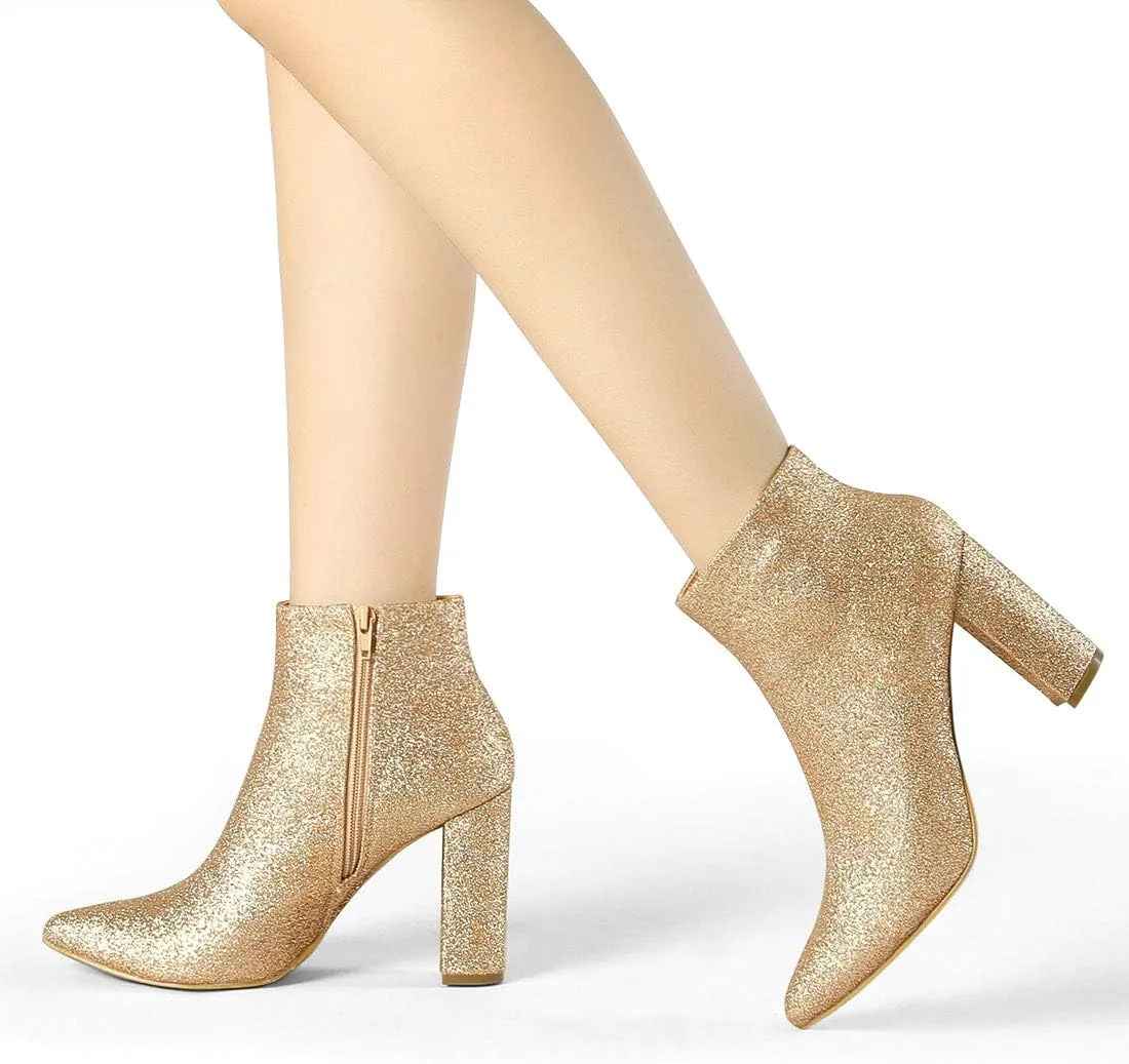 Allegra K Women's Glitter Pointed Toe Chunky Heel Ankle Boots