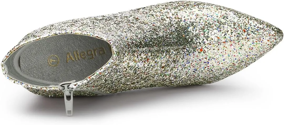 Allegra K Women's Glitter Pointed Toe Chunky Heel Ankle Boots