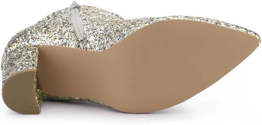 Allegra K Women's Glitter Pointed Toe Chunky Heel Ankle Boots