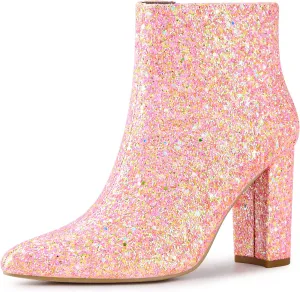 Allegra K Women's Glitter Pointed Toe Chunky Heel Ankle Boots