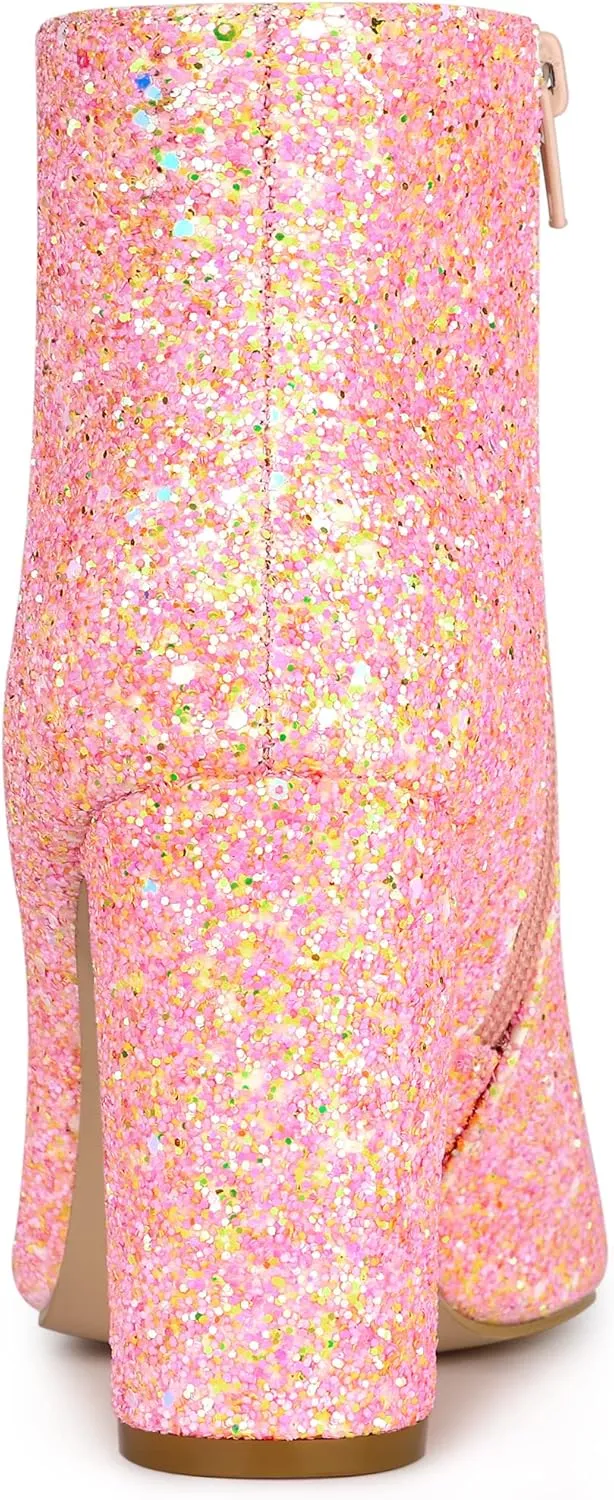 Allegra K Women's Glitter Pointed Toe Chunky Heel Ankle Boots