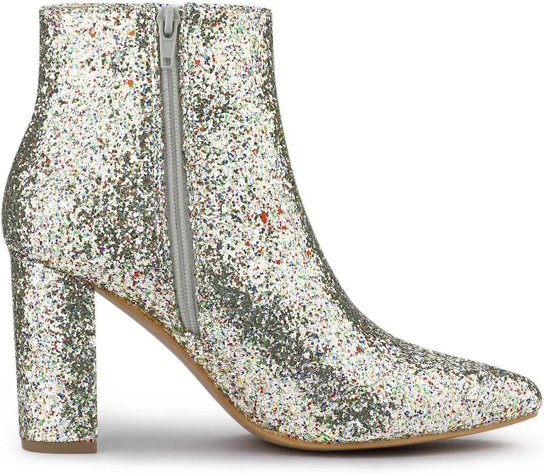 Allegra K Women's Glitter Pointed Toe Chunky Heel Ankle Boots