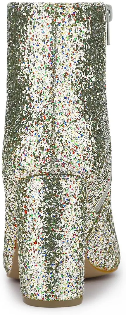 Allegra K Women's Glitter Pointed Toe Chunky Heel Ankle Boots