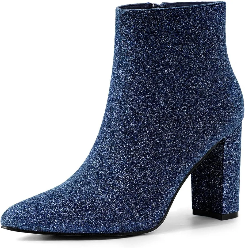 Allegra K Women's Glitter Pointed Toe Chunky Heel Ankle Boots