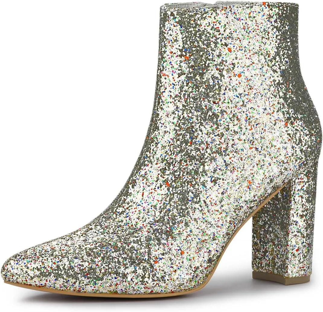 Allegra K Women's Glitter Pointed Toe Chunky Heel Ankle Boots