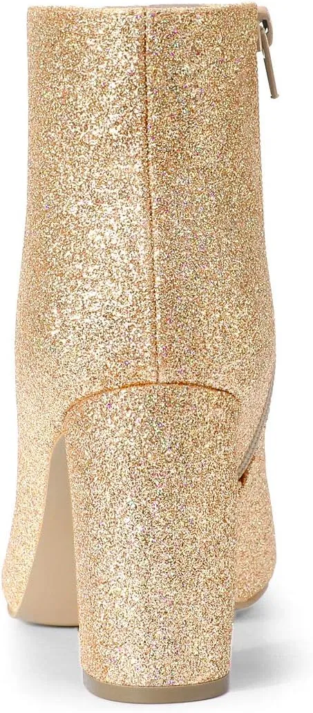 Allegra K Women's Glitter Pointed Toe Chunky Heel Ankle Boots