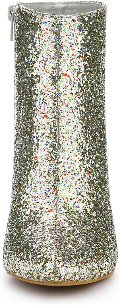 Allegra K Women's Glitter Pointed Toe Chunky Heel Ankle Boots