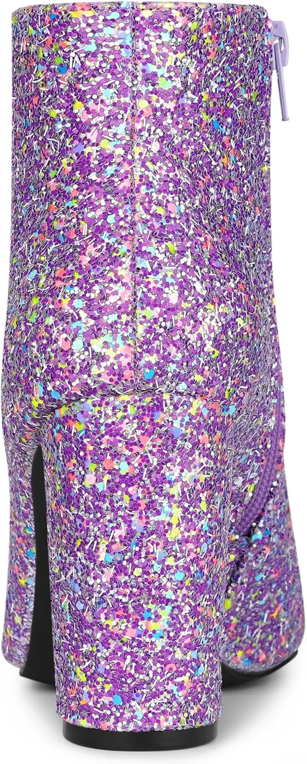 Allegra K Women's Glitter Pointed Toe Chunky Heel Ankle Boots