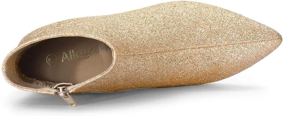 Allegra K Women's Glitter Pointed Toe Chunky Heel Ankle Boots