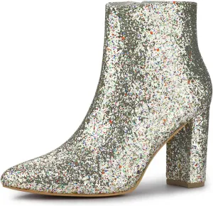 Allegra K Women's Glitter Pointed Toe Chunky Heel Ankle Boots