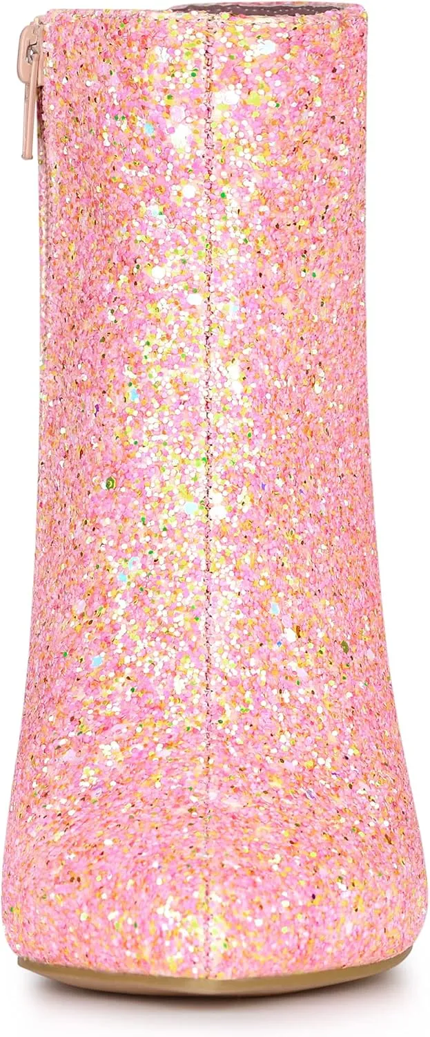 Allegra K Women's Glitter Pointed Toe Chunky Heel Ankle Boots