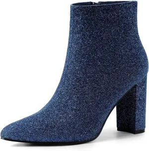 Allegra K Women's Glitter Pointed Toe Chunky Heel Ankle Boots