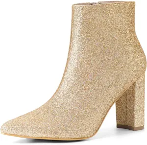 Allegra K Women's Glitter Pointed Toe Chunky Heel Ankle Boots
