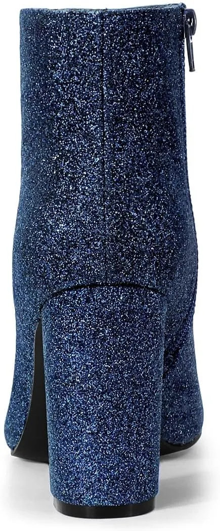 Allegra K Women's Glitter Pointed Toe Chunky Heel Ankle Boots