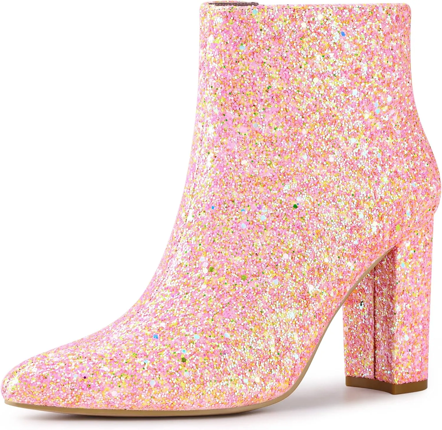 Allegra K Women's Glitter Pointed Toe Chunky Heel Ankle Boots