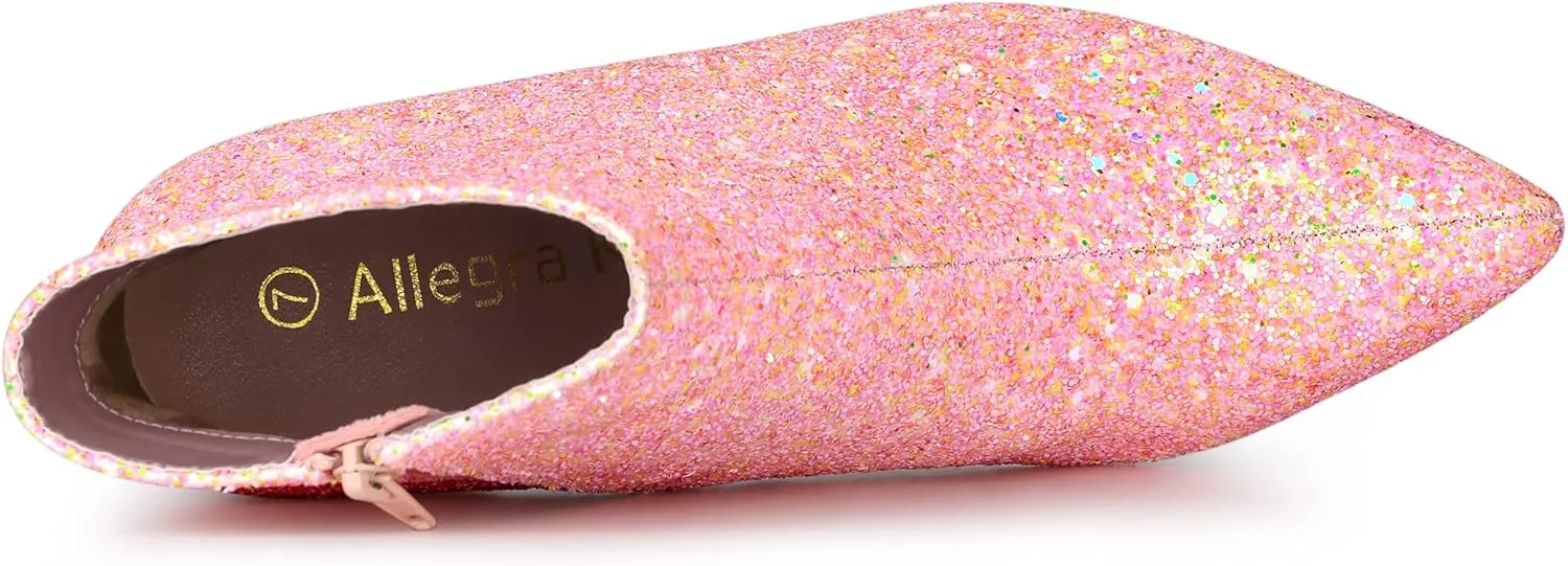 Allegra K Women's Glitter Pointed Toe Chunky Heel Ankle Boots