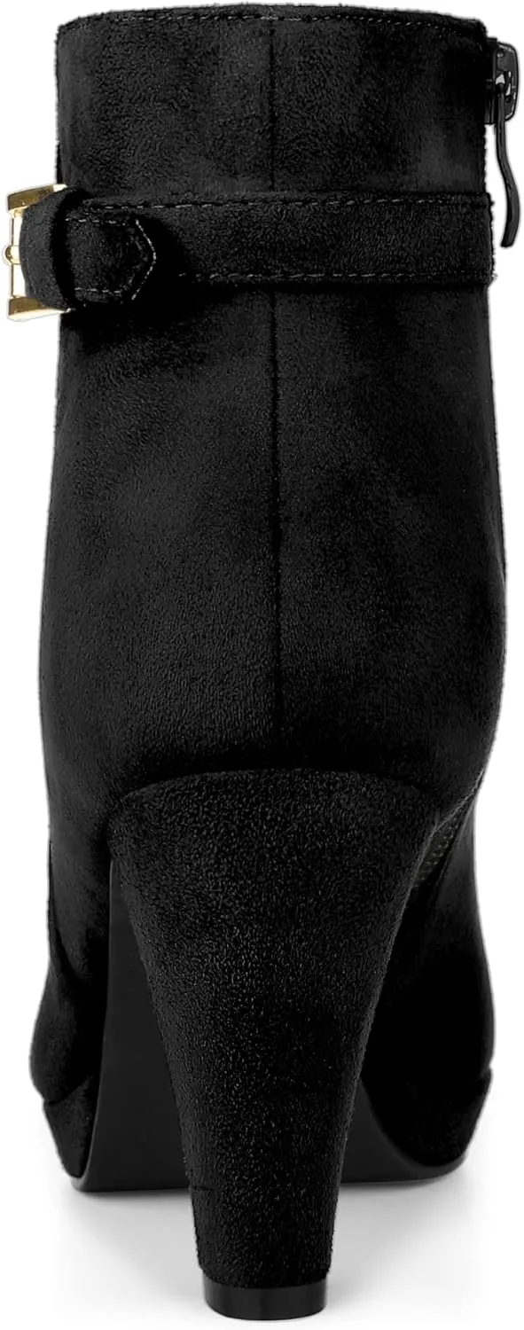 Allegra K Women's Low Platform Side Zip Buckle Chunky High Heel Ankle Booties