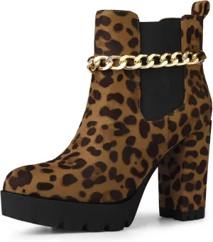 Allegra K Women's Platform Gold Chain Chunky High Heel Chelsea Ankle Boots