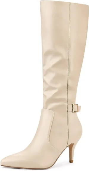 Allegra K Women's Pointy Toe Buckle Stiletto Heel Knee High Boots