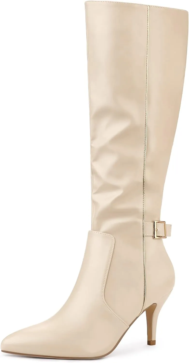 Allegra K Women's Pointy Toe Buckle Stiletto Heel Knee High Boots