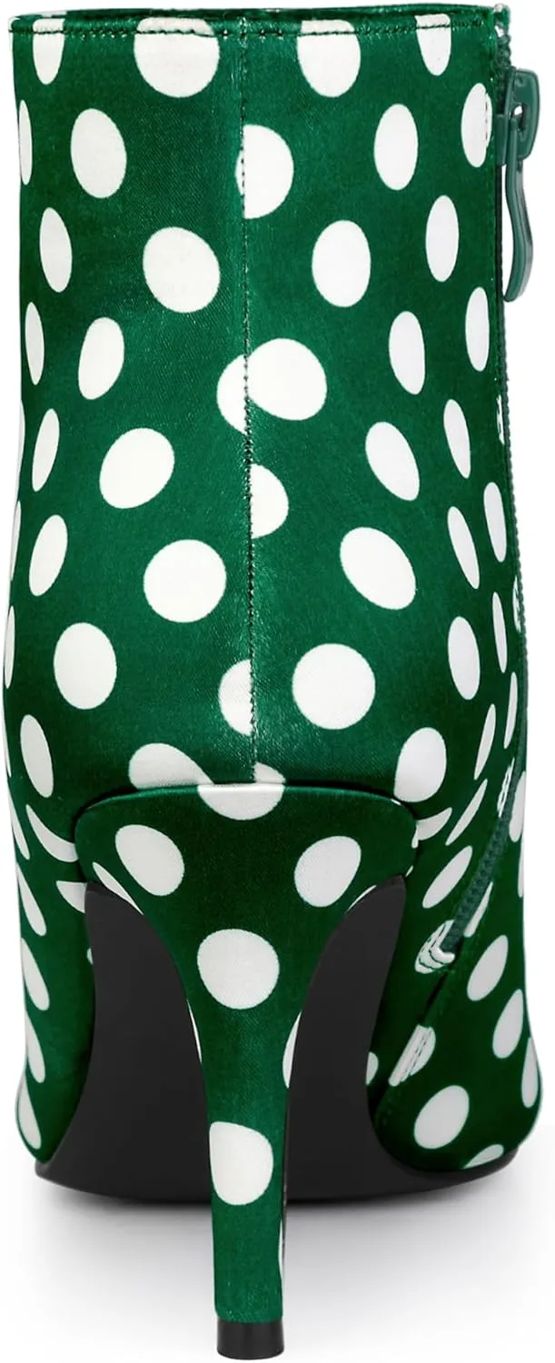 Allegra K Women's Polka Dots Pointed Toe Stiletto Heel Satin Ankle Boots