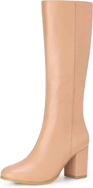 Allegra K Women's Round Toe Zip Block Heels Knee High Boots