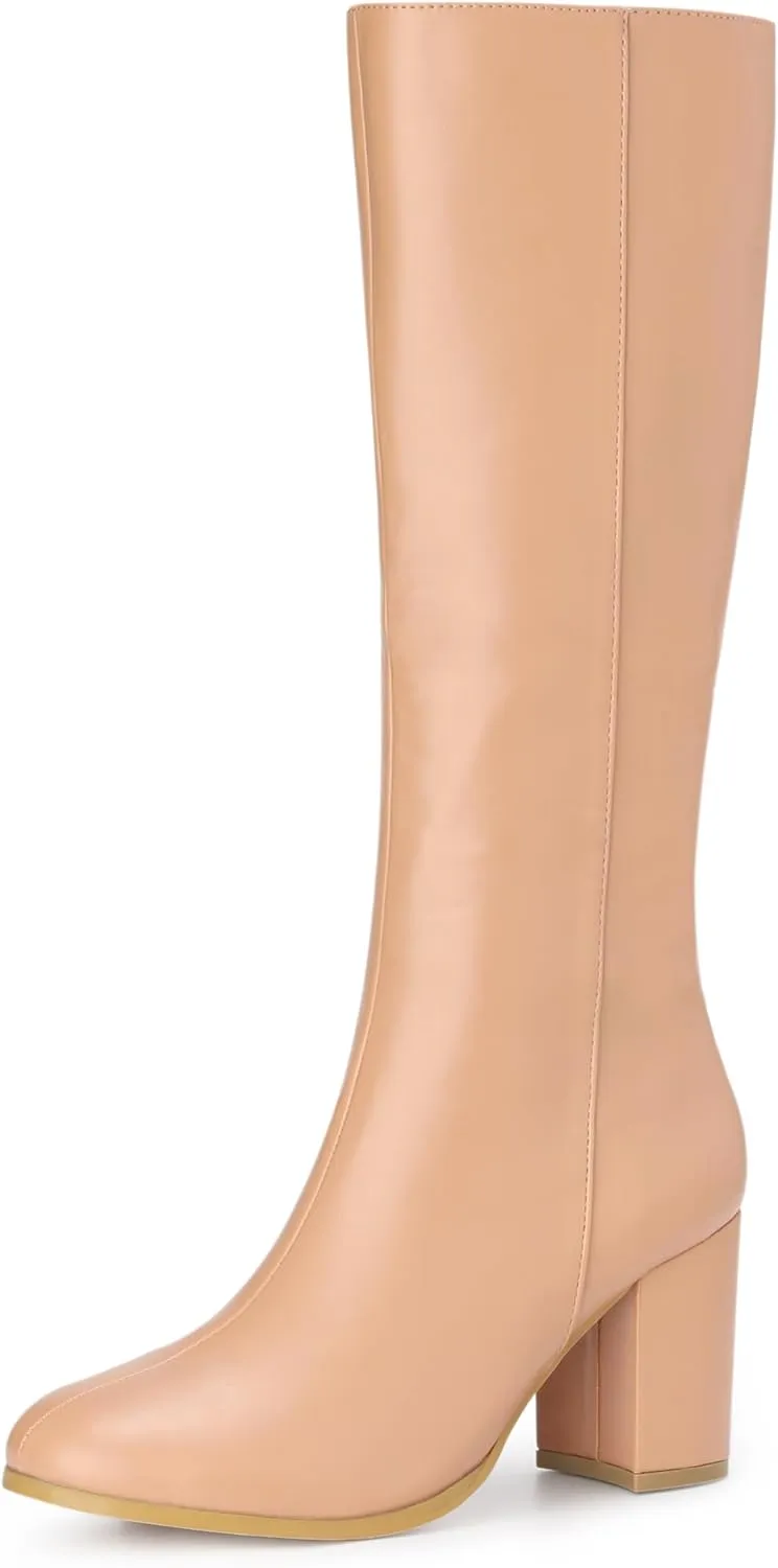 Allegra K Women's Round Toe Zip Block Heels Knee High Boots