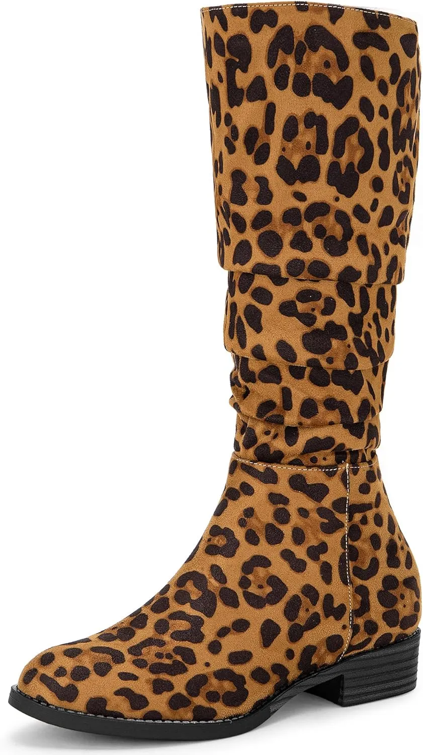 Allegra K Women's Slouch Round Toe Low Heel Boots Knee High Boots