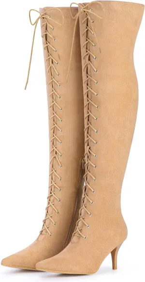 Allegra K Women's Thigh High Boots Lace Up Stiletto Heel Over Knee High Boots