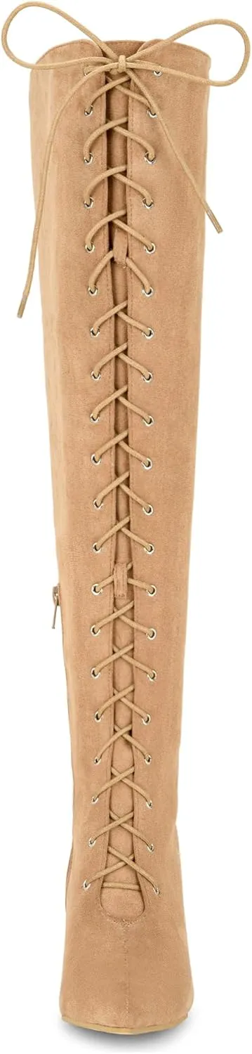 Allegra K Women's Thigh High Boots Lace Up Stiletto Heel Over Knee High Boots